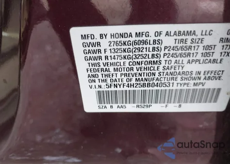 2011 Honda Pilot Lx z USA, uszkodzony, nr VIN 5FNYF4H25BB040531
